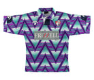 A vintage-style rugby shirt with a bold geometric zigzag pattern in purple, teal, and white. It features a dark navy collar, a gray 'FRIZZELL' sponsor logo on the chest, and two team crest patches on the upper chest.