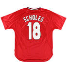 1997-00 Manchester United Umbro Champions League Home Shirt Scholes #18 L Football Shirt