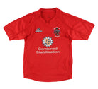A red short-sleeve Football shirt with 'Combined Stabilisation' printed in white across the chest, featuring the Southwell Rugby Club crest on the left chest and a Priority brand logo on the right chest, displayed flat against a white background.