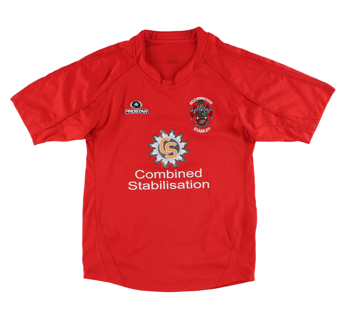 A red short-sleeve Football shirt with 'Combined Stabilisation' printed in white across the chest, featuring the Southwell Rugby Club crest on the left chest and a Priority brand logo on the right chest, displayed flat against a white background.