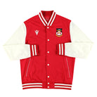 Red Wrexham varsity jacket with white sleeves and accents on a white background
