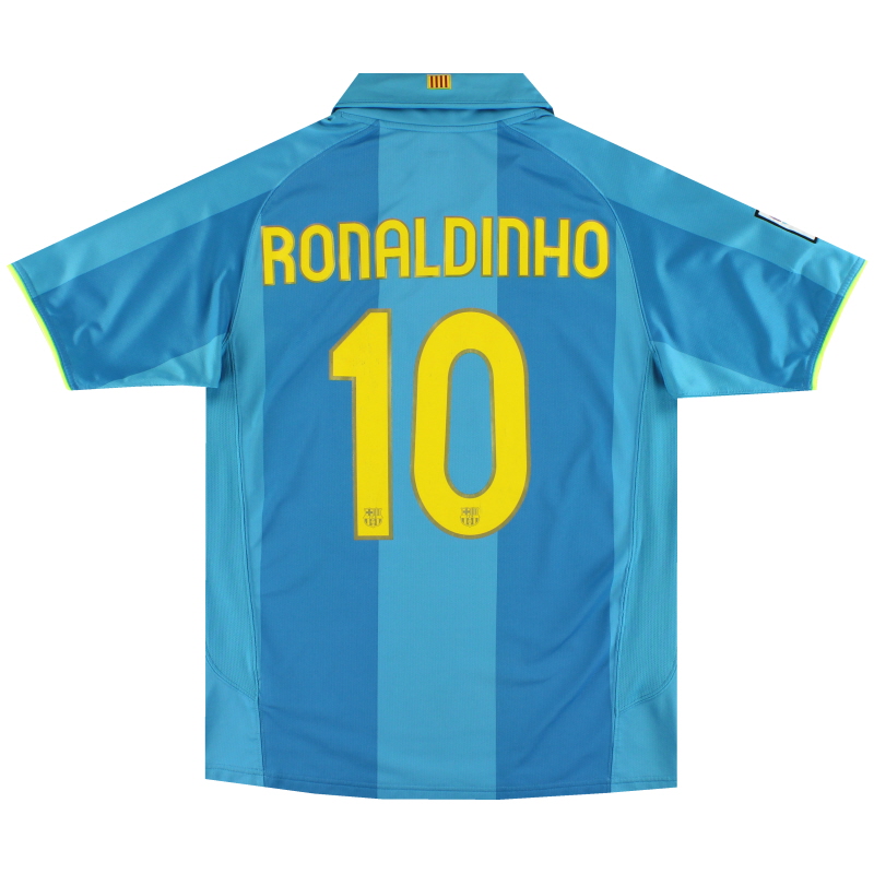 instructor Eliminación el propósito 2007-08 Barcelona Nike Visitante Camiseta Ronaldinho #10 M 237743-414